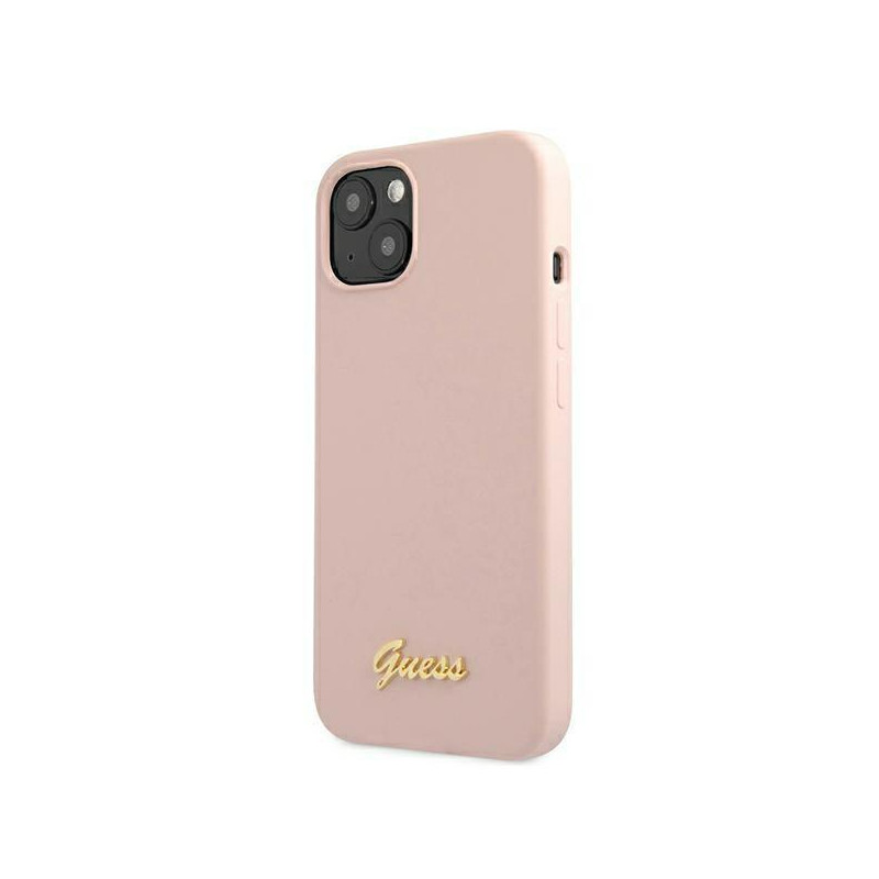 Guess Silicone Script Gold Logo MagSafe dėklas iPhone 13 - šviesiai rožinis