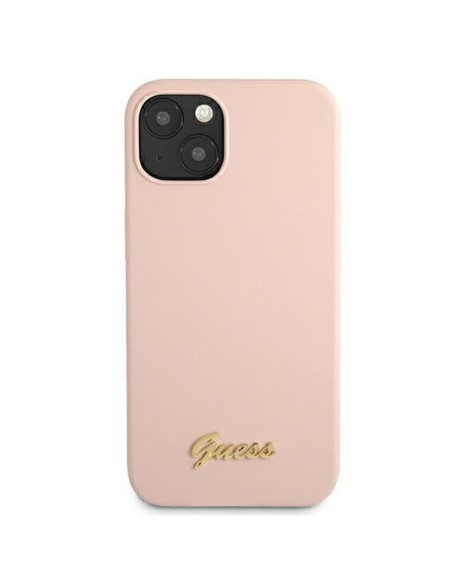 Guess Silicone Script Gold Logo MagSafe dėklas iPhone 13 - šviesiai rožinis Guess Silicone Script Gold Logo MagSafe dėklas iPhone 13 - šviesiai rožinis