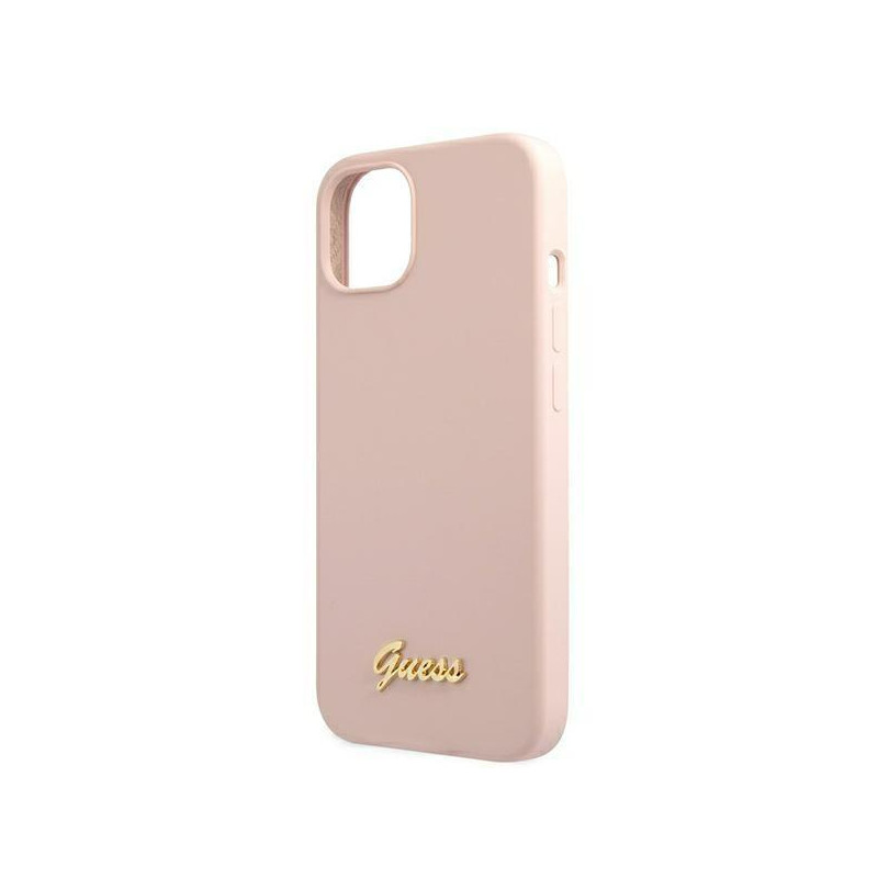 Guess Silicone Script Gold Logo MagSafe dėklas iPhone 13 - šviesiai rožinis