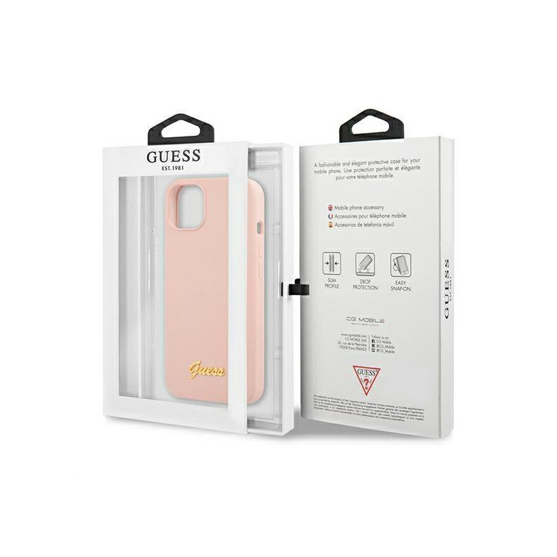Guess Silicone Script Gold Logo MagSafe dėklas iPhone 13 - šviesiai rožinis