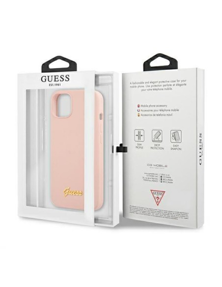 Guess Silicone Script Gold Logo MagSafe dėklas iPhone 13 - šviesiai rožinis Guess Silicone Script Gold Logo MagSafe dėklas iPhone 13 - šviesiai rožinis