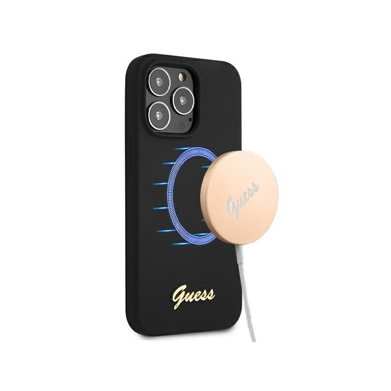Guess Silicone Script Gold Logo MagSafe dėklas, skirtas iPhone 13 Pro Max - juodas Guess Silicone Script Gold Logo MagSafe dėklas, skirtas iPhone 13 Pro Max - juodas