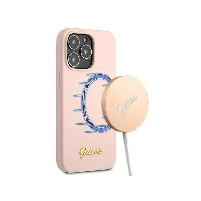 Guess Silicone Script Gold Logo MagSafe dėklas iPhone 13 Pro Max - šviesiai rožinis Guess Silicone Script Gold Logo MagSafe dėklas iPhone 13 Pro Max - šviesiai rožinis
