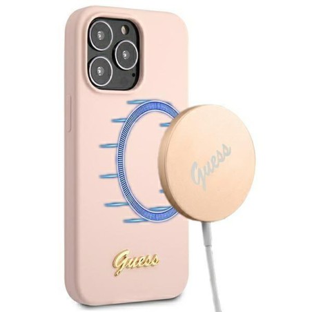 Guess Silicone Script Gold Logo MagSafe dėklas iPhone 13 Pro Max - šviesiai rožinis Guess Silicone Script Gold Logo MagSafe dėklas iPhone 13 Pro Max - šviesiai rožinis