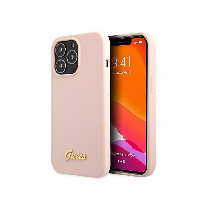 Guess Silicone Script Gold Logo MagSafe dėklas iPhone 13 Pro Max - šviesiai rožinis