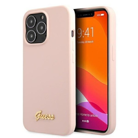 Guess Silicone Script Gold Logo MagSafe dėklas iPhone 13 Pro Max - šviesiai rožinis Guess Silicone Script Gold Logo MagSafe dėklas iPhone 13 Pro Max - šviesiai rožinis