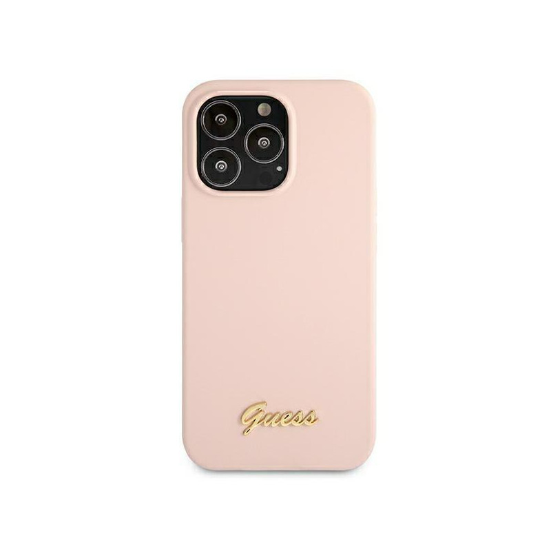 Guess Silicone Script Gold Logo MagSafe dėklas iPhone 13 Pro Max - šviesiai rožinis