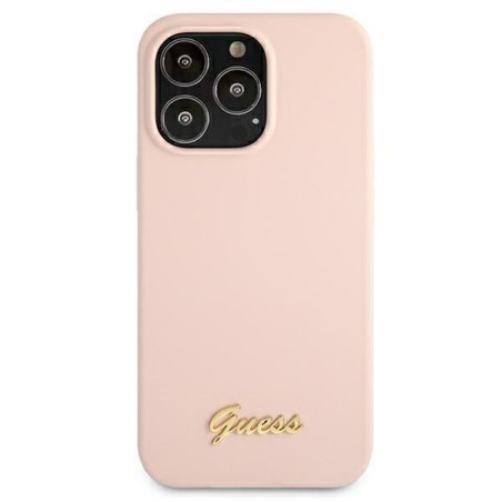 Guess Silicone Script Gold Logo MagSafe dėklas iPhone 13 Pro Max - šviesiai rožinis Guess Silicone Script Gold Logo MagSafe dėklas iPhone 13 Pro Max - šviesiai rožinis