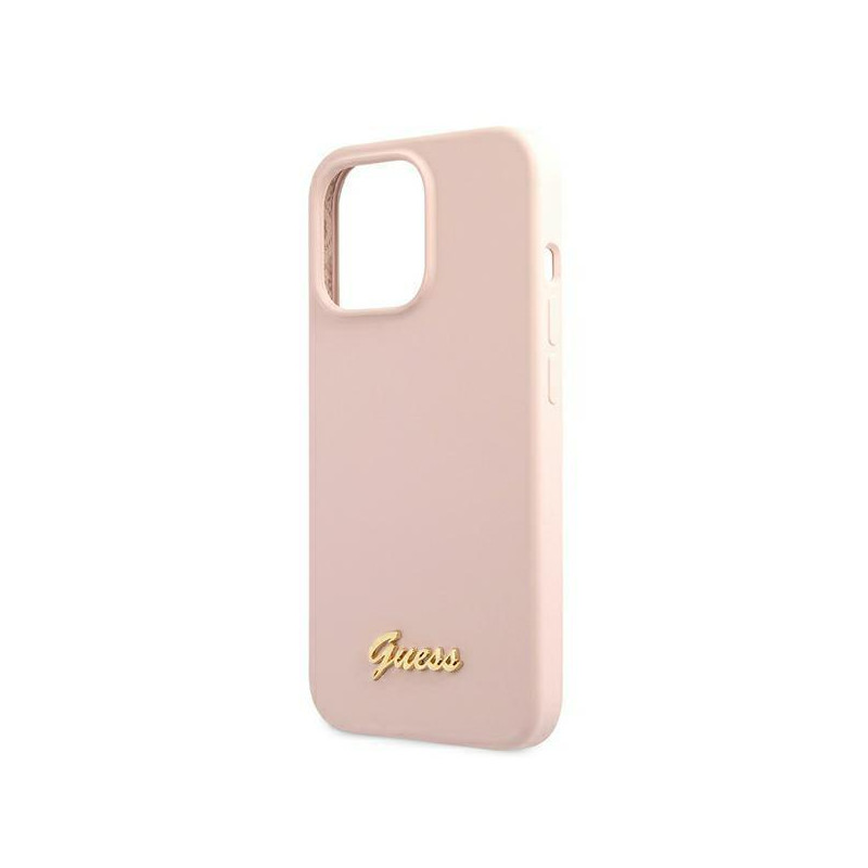 Guess Silicone Script Gold Logo MagSafe dėklas iPhone 13 Pro Max - šviesiai rožinis