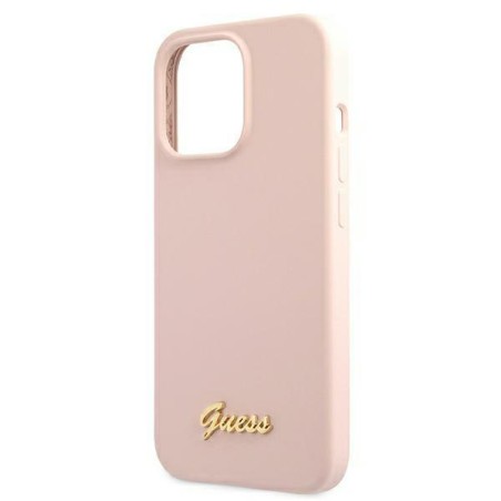 Guess Silicone Script Gold Logo MagSafe dėklas iPhone 13 Pro Max - šviesiai rožinis Guess Silicone Script Gold Logo MagSafe dėklas iPhone 13 Pro Max - šviesiai rožinis