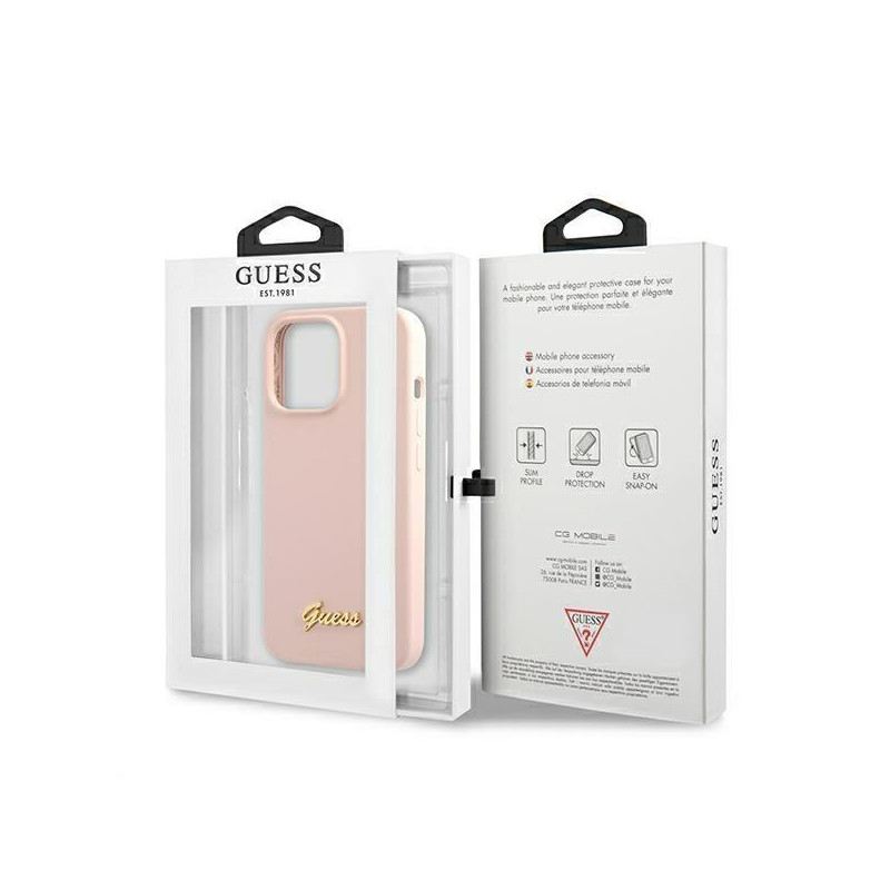 Guess Silicone Script Gold Logo MagSafe dėklas iPhone 13 Pro Max - šviesiai rožinis