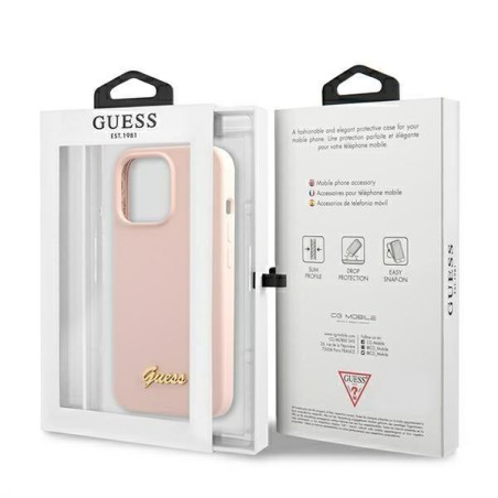 Guess Silicone Script Gold Logo MagSafe dėklas iPhone 13 Pro Max - šviesiai rožinis Guess Silicone Script Gold Logo MagSafe dėklas iPhone 13 Pro Max - šviesiai rožinis