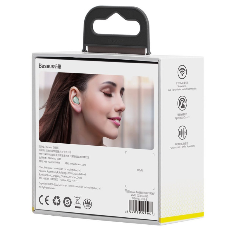 Encok WM01 TWS Bluetooth 5.0 belaidės ausinės žalios spalvos