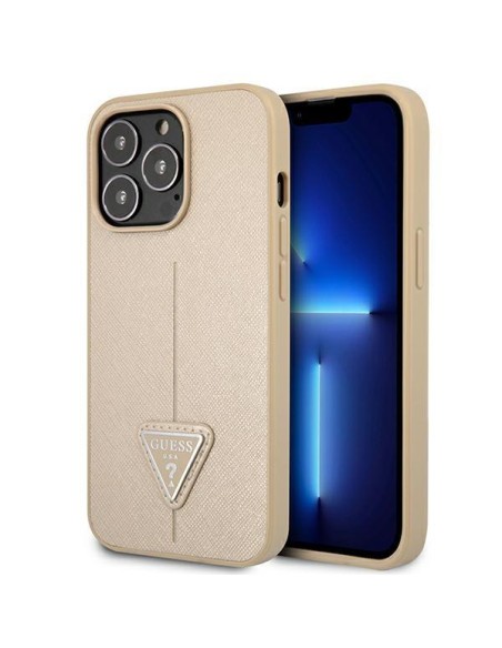 Guess Saffiano Triangle Logo dėklas skirtas iPhone 13 Pro / iPhone 13 - smėlio spalvos Guess Saffiano Triangle Logo dėklas skirtas iPhone 13 Pro / iPhone 13 - smėlio spalvos