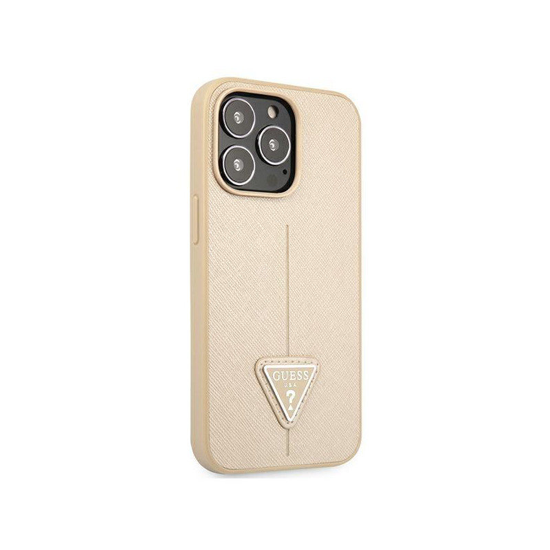 Guess Saffiano Triangle Logo dėklas skirtas iPhone 13 Pro / iPhone 13 - smėlio spalvos