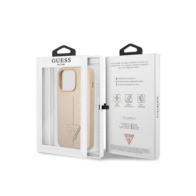 Guess Saffiano Triangle Logo dėklas skirtas iPhone 13 Pro / iPhone 13 - smėlio spalvos