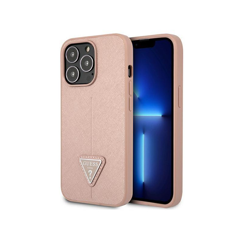 Guess Saffiano Triangle Logo dėklas, skirtas iPhone 13 Pro / iPhone 13 - rožinis