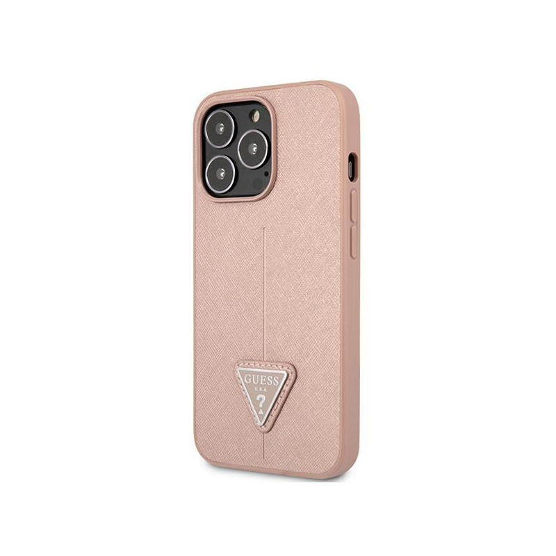 Guess Saffiano Triangle Logo dėklas, skirtas iPhone 13 Pro / iPhone 13 - rožinis