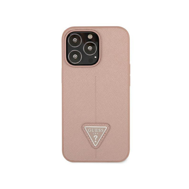 Guess Saffiano Triangle Logo dėklas, skirtas iPhone 13 Pro / iPhone 13 - rožinis