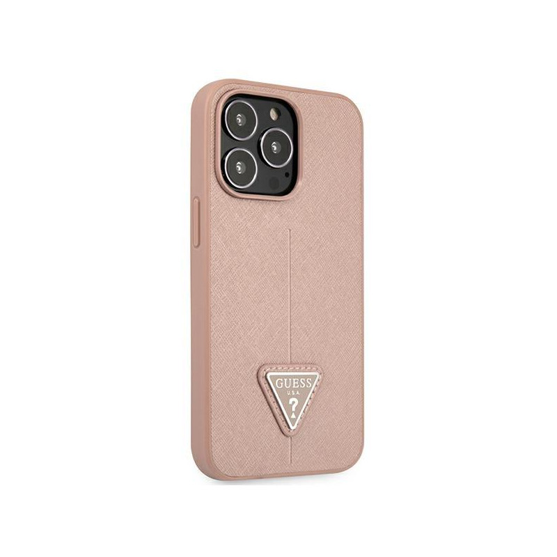 Guess Saffiano Triangle Logo dėklas, skirtas iPhone 13 Pro / iPhone 13 - rožinis