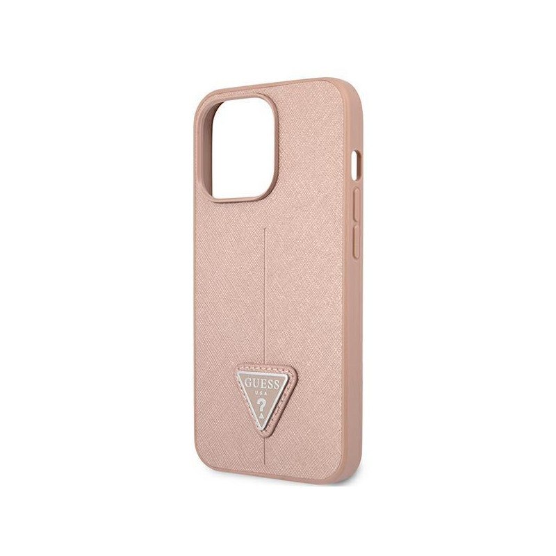 Guess Saffiano Triangle Logo dėklas, skirtas iPhone 13 Pro / iPhone 13 - rožinis