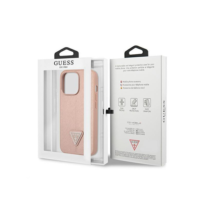 Guess Saffiano Triangle Logo dėklas, skirtas iPhone 13 Pro / iPhone 13 - rožinis