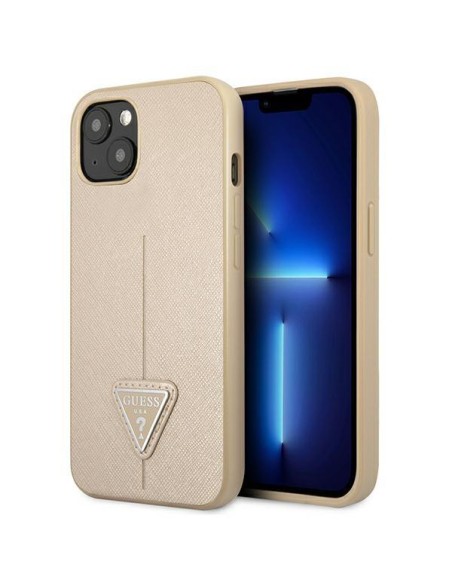 Guess Saffiano Triangle Logo dėklas, skirtas iPhone 13 - smėlio spalvos Guess Saffiano Triangle Logo dėklas, skirtas iPhone 13 - smėlio spalvos