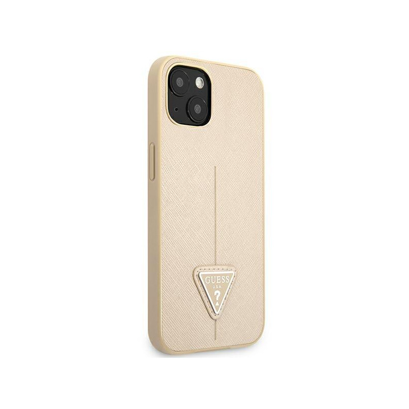 Guess Saffiano Triangle Logo dėklas, skirtas iPhone 13 - smėlio spalvos