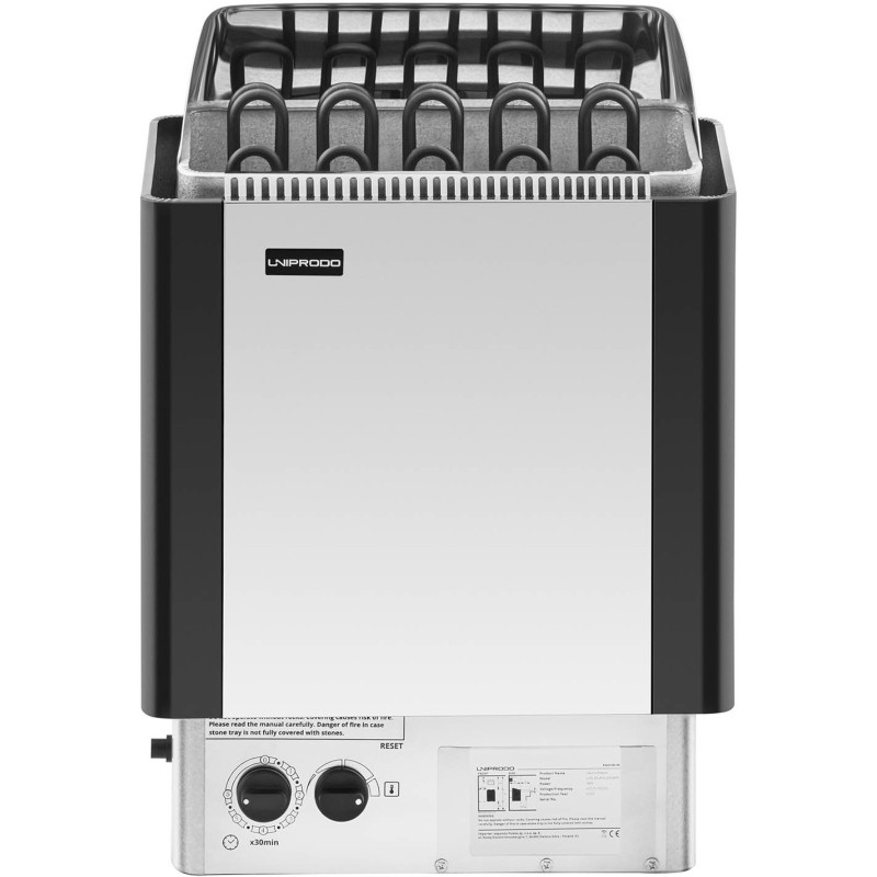 Elektrinė pirties krosnelė su įmontuotu valdymu 9-13 m3 iki 110C 400 V 9 kW sidabrinė-juoda