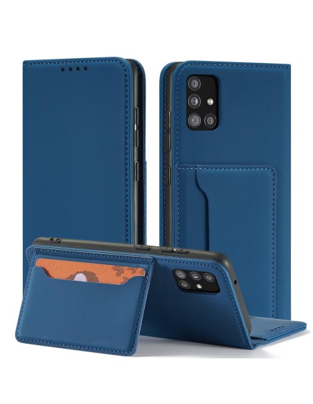 Magnetinės kortelės dėklas, skirtas Samsung Galaxy A12 5G padengti kortelės piniginės kortelių stovas mėlynas