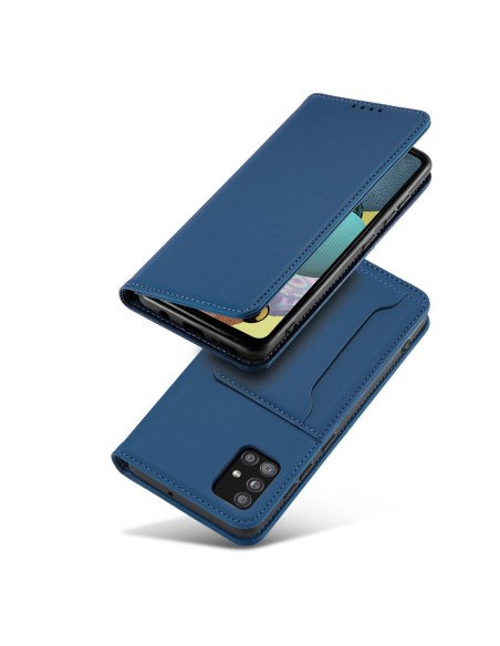 Magnetinės kortelės dėklas, skirtas Samsung Galaxy A12 5G padengti kortelės piniginės kortelių stovas mėlynas
