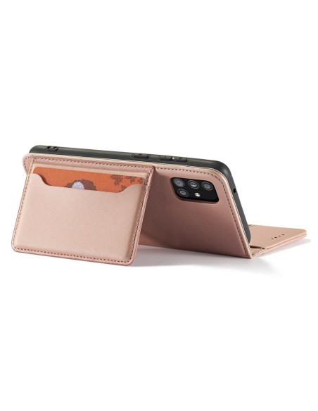 Magnetinės kortelės dėklas, skirtas Samsung Galaxy A12 5G padengti kortelės piniginės kortelių stovas rožinis