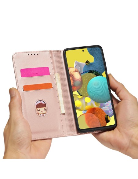 Magnetinės kortelės dėklas, skirtas Samsung Galaxy A12 5G padengti kortelės piniginės kortelių stovas rožinis