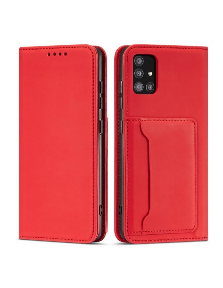 Magnetinis kortelių dėklas Samsung Galaxy A12 5G, dangtelis, kortelių piniginė, kortelių stovas, raudonas
