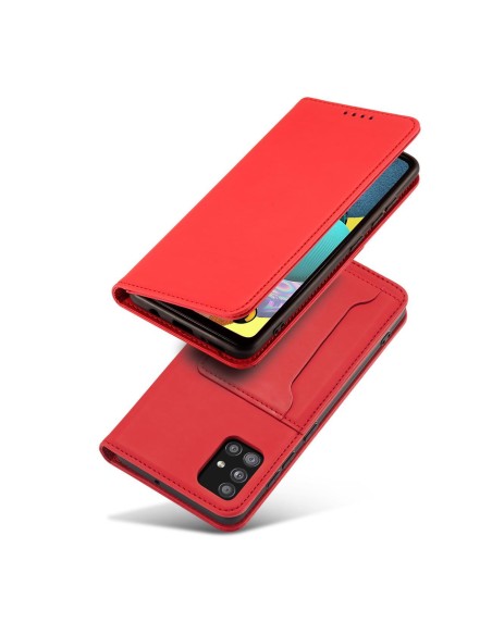 Magnetinis kortelių dėklas Samsung Galaxy A12 5G, dangtelis, kortelių piniginė, kortelių stovas, raudonas
