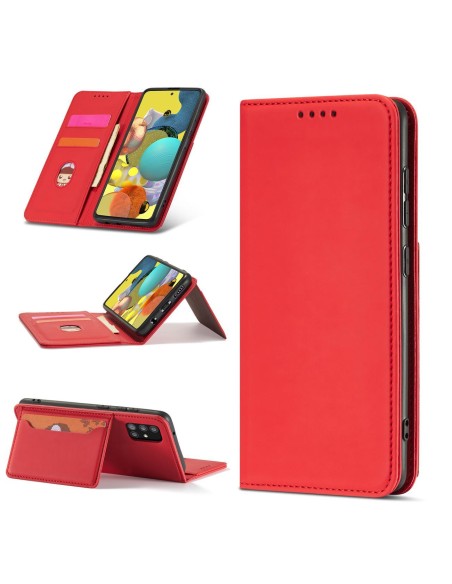 Magnetinis kortelių dėklas Samsung Galaxy A12 5G, dangtelis, kortelių piniginė, kortelių stovas, raudonas