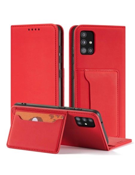 Magnetinis kortelių dėklas Samsung Galaxy A12 5G, dangtelis, kortelių piniginė, kortelių stovas, raudonas