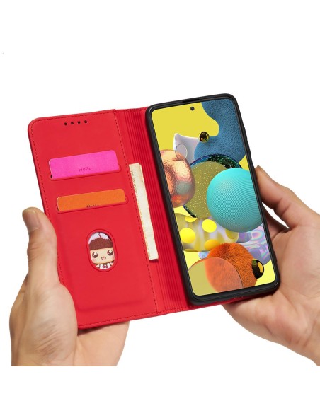 Magnetinis kortelių dėklas Samsung Galaxy A12 5G, dangtelis, kortelių piniginė, kortelių stovas, raudonas