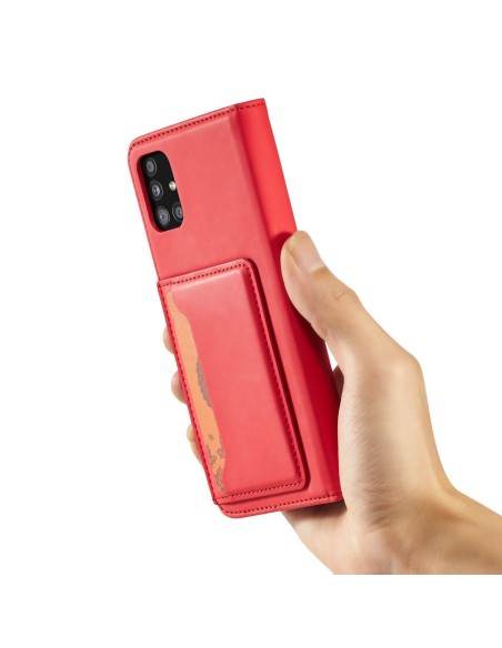 Magnetinis kortelių dėklas Samsung Galaxy A12 5G, dangtelis, kortelių piniginė, kortelių stovas, raudonas