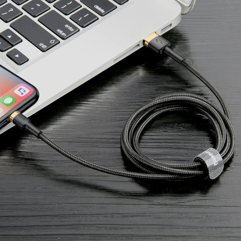 Patvarus nailoninis kabelis USB laidas Iphone Lightning QC3.0 2A 3M juodos ir auksinės spalvos