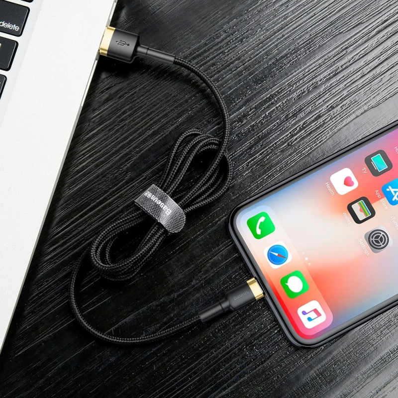 Patvarus nailoninis kabelis USB laidas Iphone Lightning QC3.0 2A 3M juodos ir auksinės spalvos