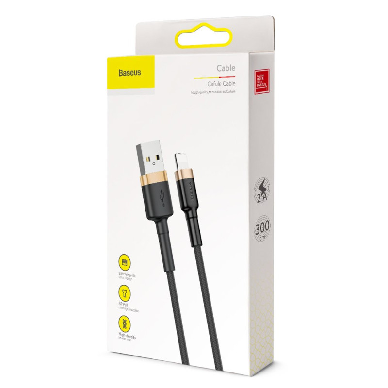 Patvarus nailoninis kabelis USB laidas Iphone Lightning QC3.0 2A 3M juodos ir auksinės spalvos