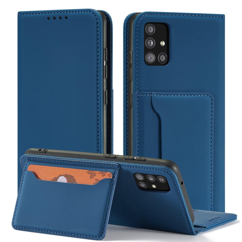 Magnetinis kortelių dėklas Samsung Galaxy A53 5G, dangtelis, kortelių piniginė, kortelių stovas, mėlynas