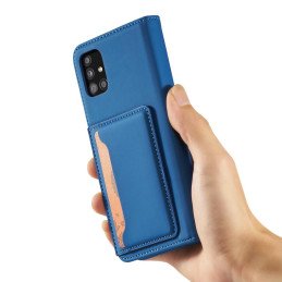 Magnetinis kortelių dėklas Samsung Galaxy A53 5G, dangtelis, kortelių piniginė, kortelių stovas, mėlynas