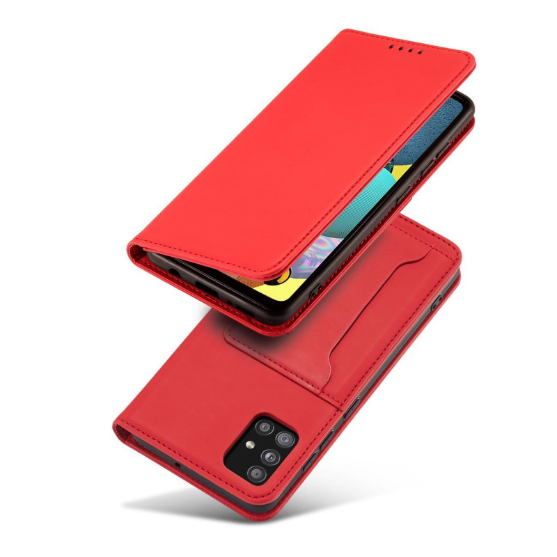 Magnetinis kortelių dėklas Samsung Galaxy A53 5G, dangtelis, kortelių piniginė, kortelių stovas, raudonas