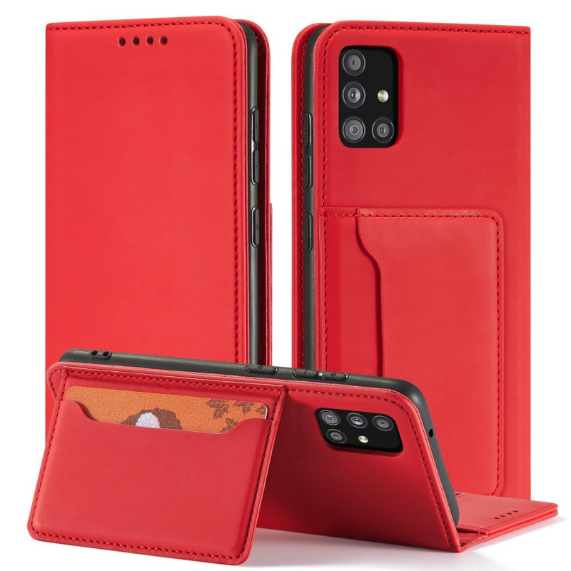 Magnetinis kortelių dėklas Samsung Galaxy A53 5G, dangtelis, kortelių piniginė, kortelių stovas, raudonas