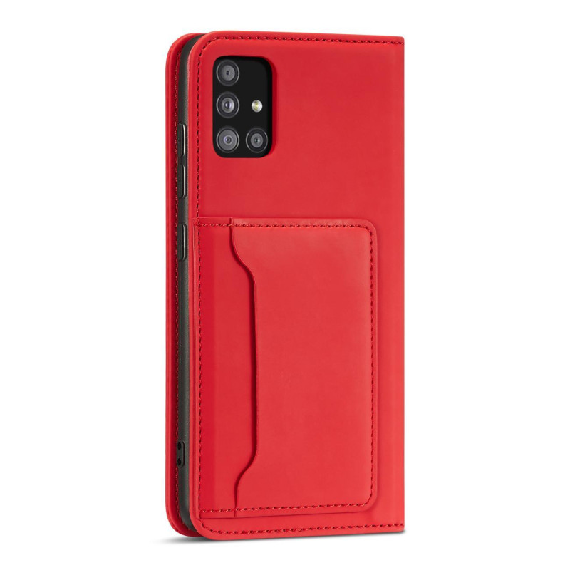 Magnetinis kortelių dėklas Samsung Galaxy A53 5G, dangtelis, kortelių piniginė, kortelių stovas, raudonas