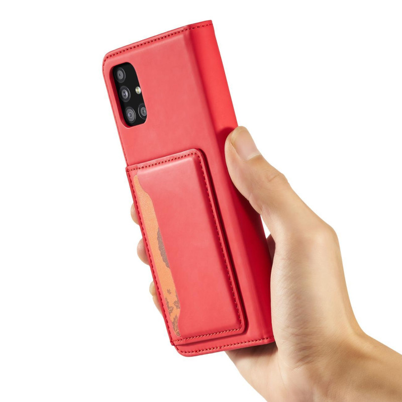Magnetinis kortelių dėklas Samsung Galaxy A53 5G, dangtelis, kortelių piniginė, kortelių stovas, raudonas