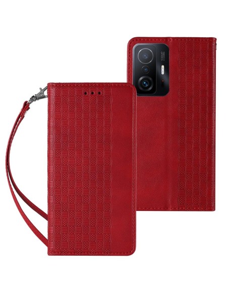 Magnetinio dirželio dėklas, skirtas „Xiaomi Redmi Note 11 Pro Cover“ piniginei + mini pakabukas raudonai