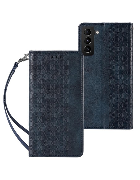 Magnetinio dirželio dėklas, skirtas Samsung Galaxy S22+ (S22 Plus) piniginės dangtelis + mini pakabukas mėlynai